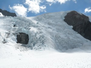 Ice falls and seracs coming down at the steep sections from the summit